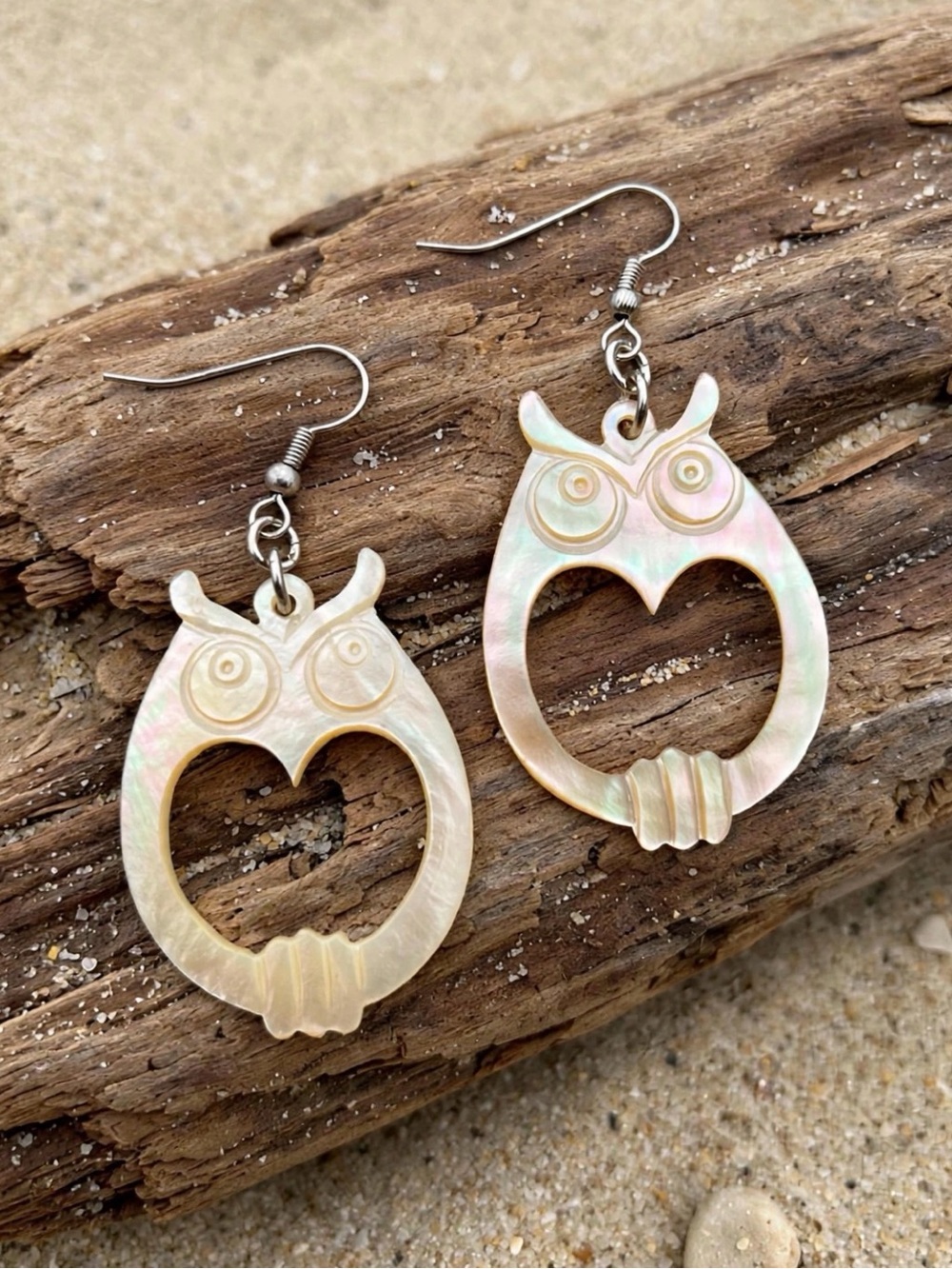 Iridescent Mother of Pearl Big Owl Earrings - Natural Rainbow Shell Owls